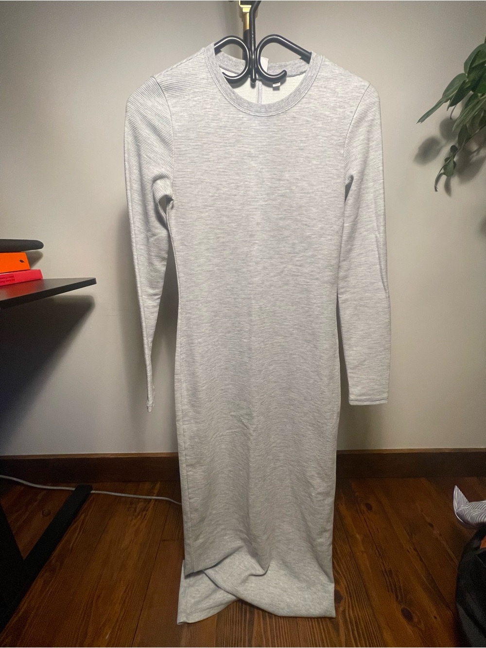 Aritzia Light Gray Long Sleeve Crewneck Knit Midi Dress